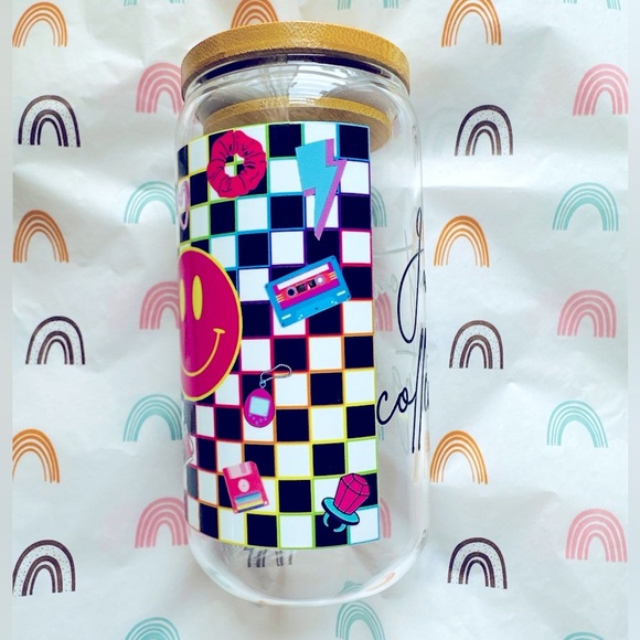 NEW 80’s-90’s Colorful Checkered Smiley Face 16oz Glass Cup - Picture 4 of 5